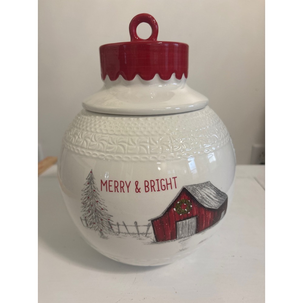 10 Strawberry Street Merry & Bright Red Barn Christmas Ornament Cookie Jar